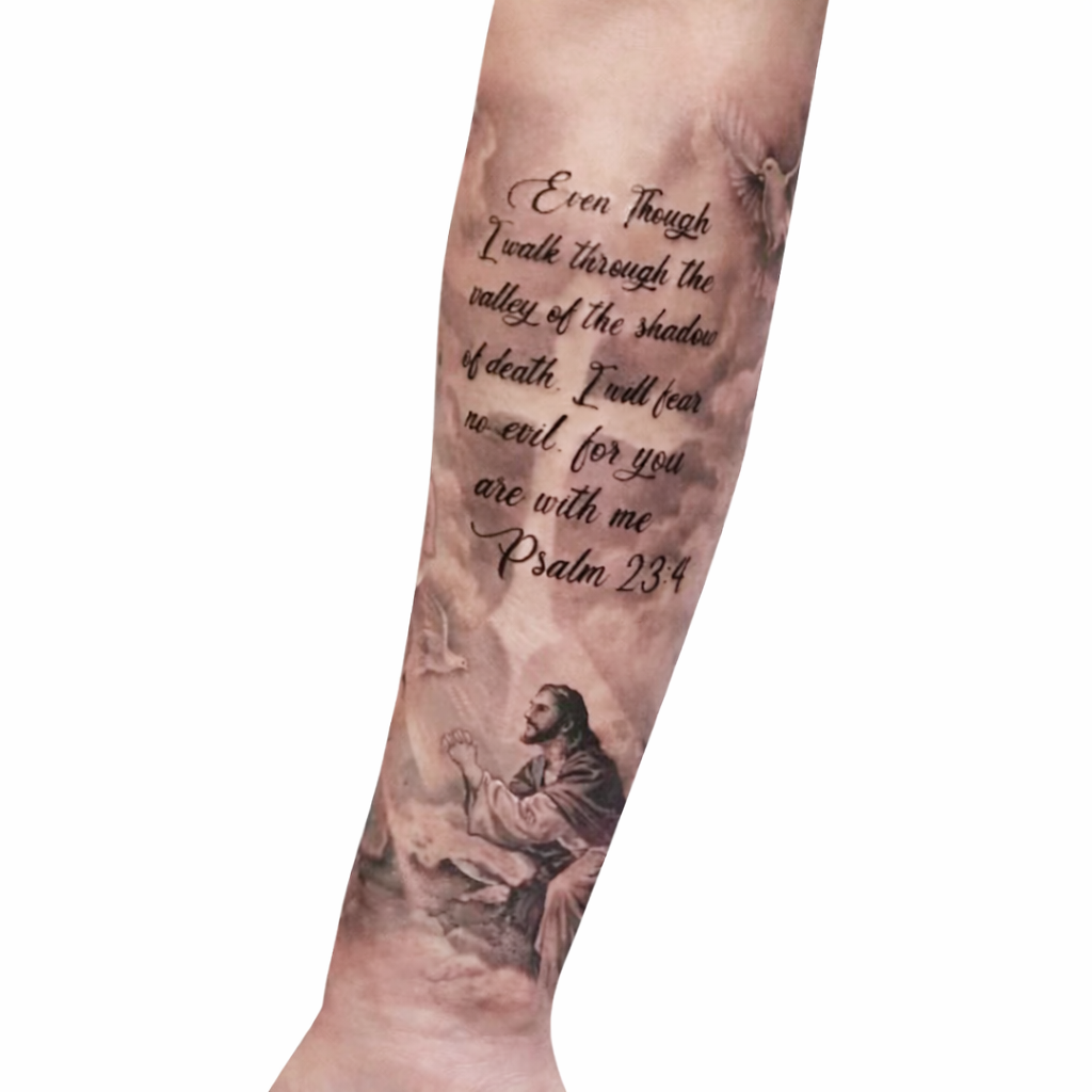 Tatouage Temporaire Avant-Bras – Psaume 23:4 & Jésus en Prière (1 à 2 Semaines)