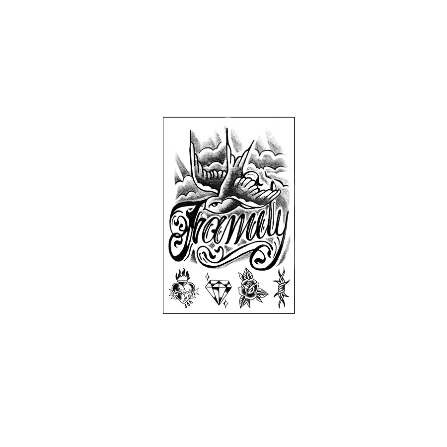 Tatouage Temporaire “Family” – Écriture Old School & Hirondelles | Effet Réaliste & Waterproof