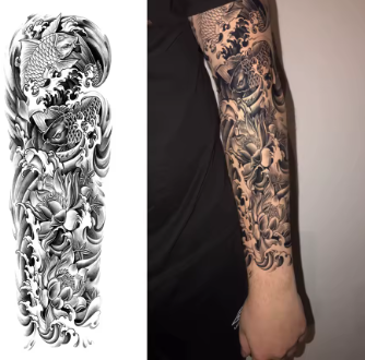 Tatouage temporaire manche complète – Style réaliste noir & gris