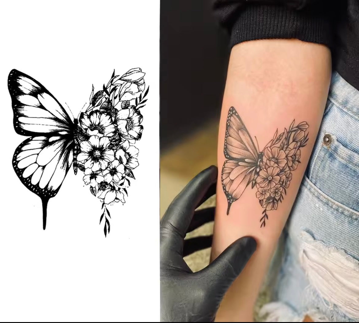 Tatouage Éphémère Papillon & Fleurs