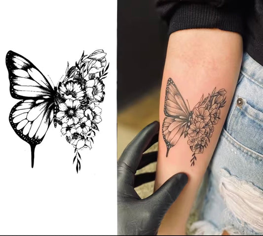 Tatouage Éphémère Papillon & Fleurs