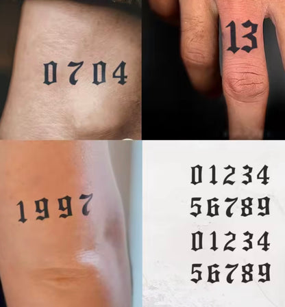 Tatouage Temporaire Chiffres Gothiques – Petit Format (1 à 2 Semaines)
