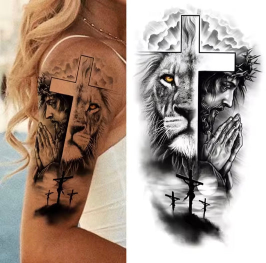 Tatouage Temporaire Avant-Bras – Lion & Jésus Symbolique (1 à 2 Semaines)