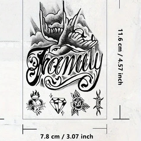 Tatouage Temporaire “Family” – Écriture Old School & Hirondelles | Effet Réaliste & Waterproof