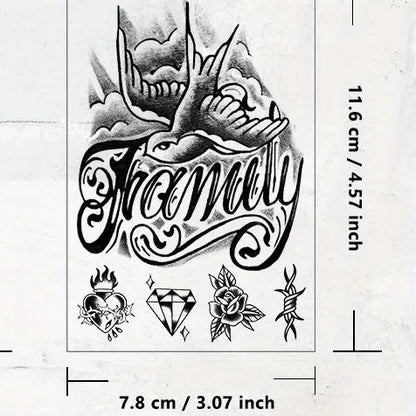 Tatouage Temporaire “Family” – Écriture Old School & Hirondelles | Effet Réaliste & Waterproof